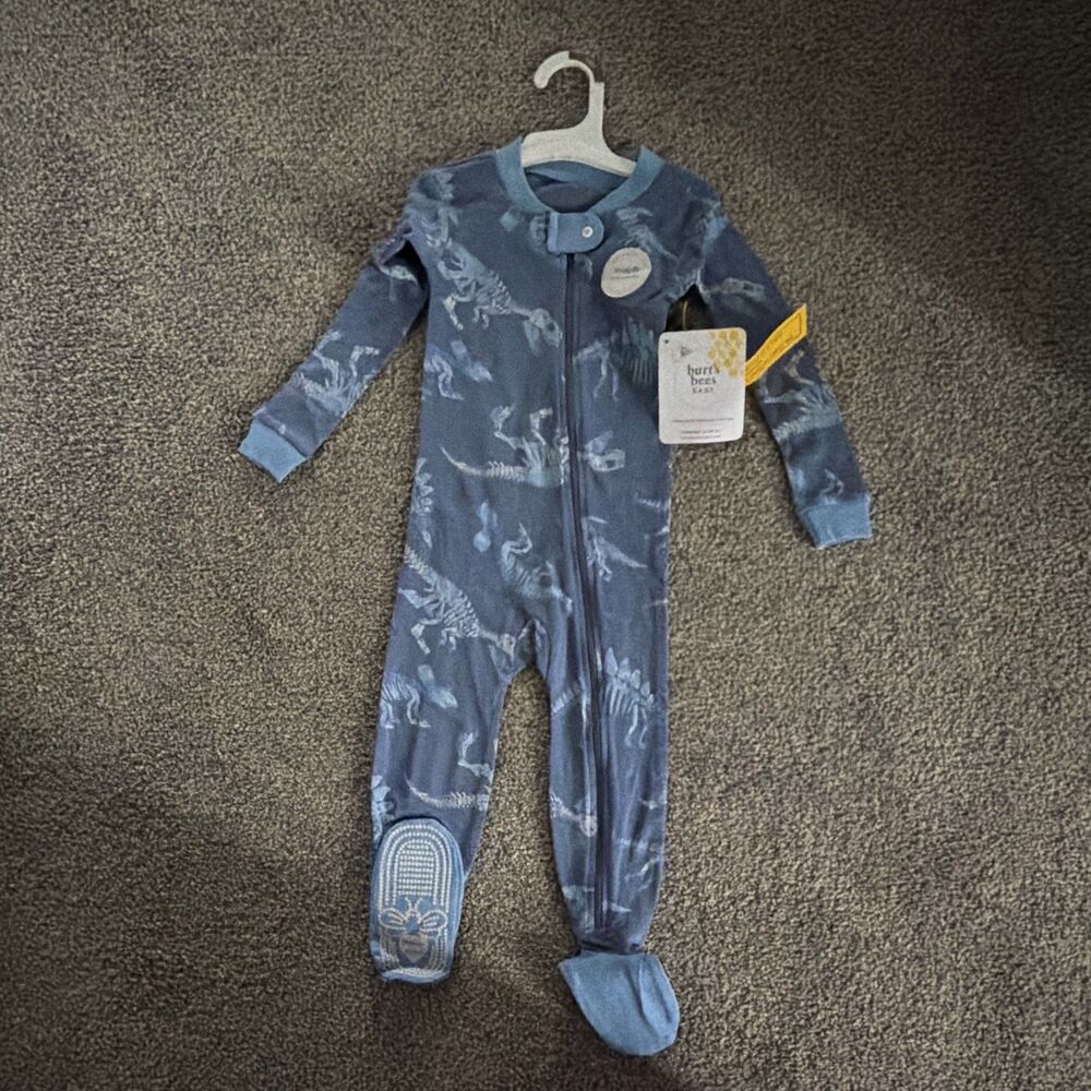 Burt's Bees Baby Blue Dinosaur Footed Zip Sleeper One Piece Cotton 18M NWT A5